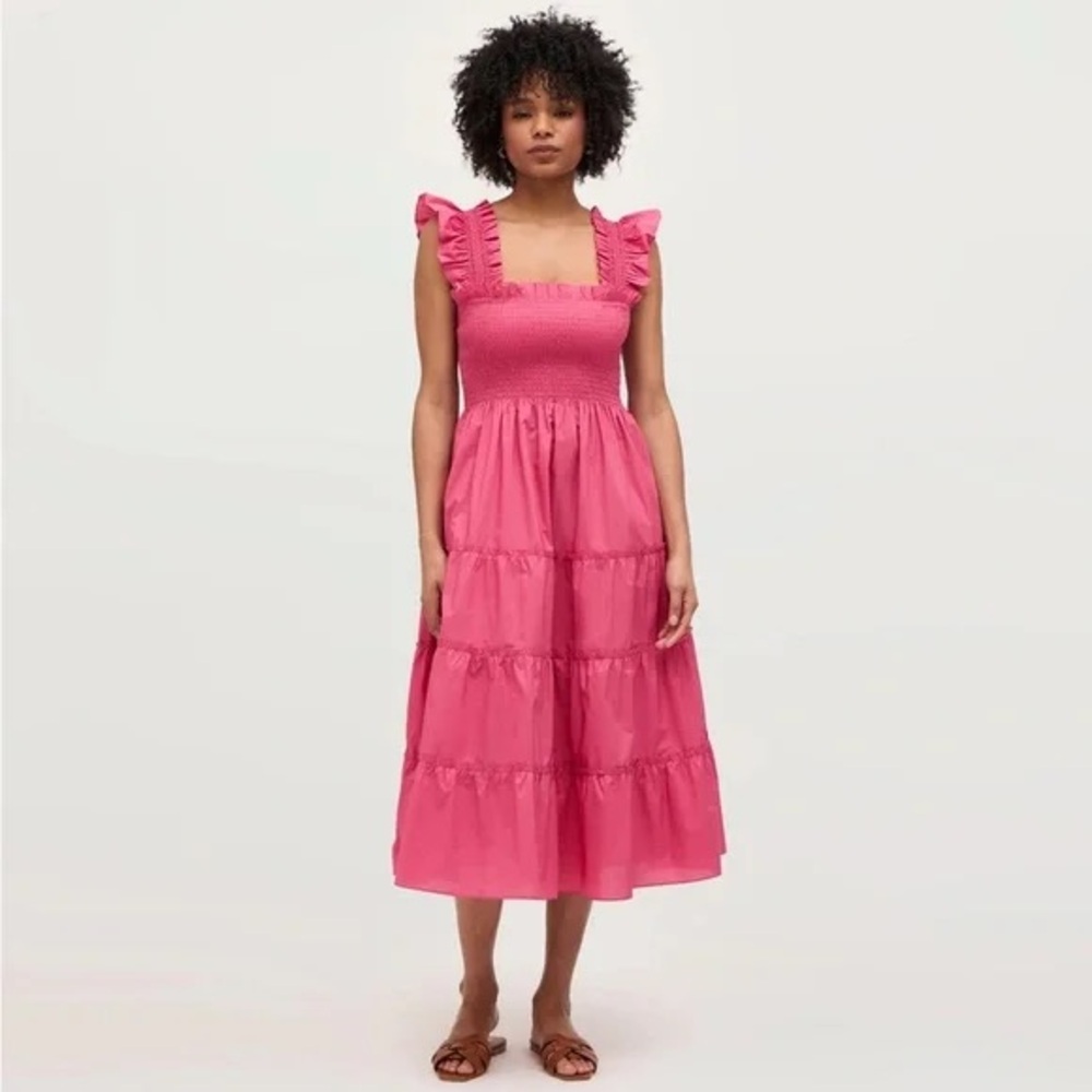 Hill House Ellie Dress: Pink/“Lipstick” Ruffle Sleeve Midi Dress